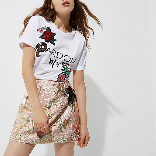 river island plimsolls,jacques-vertuk Shoes Uk White ‘pardon moi’ floral appliqué T-shirt Print T-Shirts / Tanks T-Shirts & Tanks Tops women