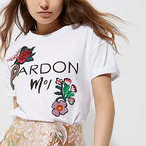 river island metrocentre,jacques-vertuk UK Sale White ‘pardon moi’ floral appliqué T-shirt women 701698