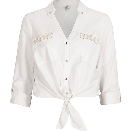 jacques-vertuk White pearl pocket knot front shirt 708492 women Tops Shirts