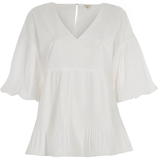 jacques-vertuk White pleated V neck puff sleeve top 704909 women Tops Blouses