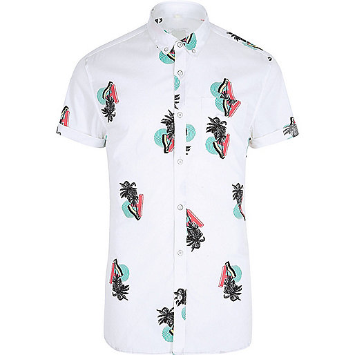 jacques-vertuk White retro palm tree print muscle fit shirt 302517 men Shirts Short Sleeve Shirts