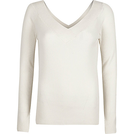 jacques-vertuk White rib knit V neck top 704895 women Knitwear Knitted Tops