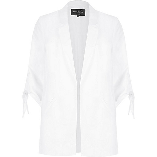 cream boucle jacket river island,jacques-vertuk Outlet White self stripe tie cuff longline blazer women 703043