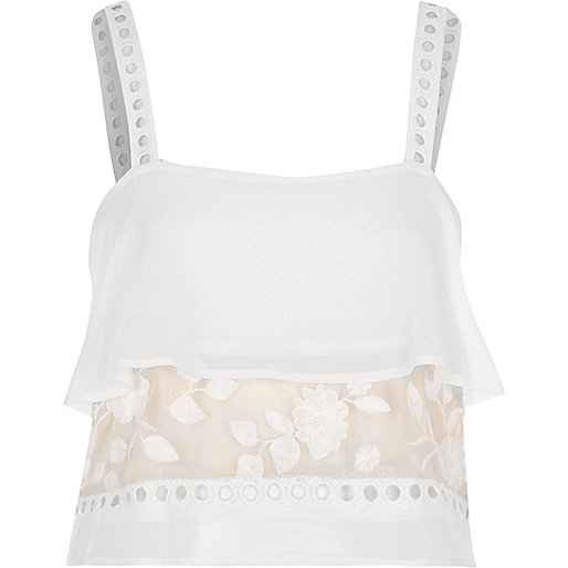 jacques-vertuk White sheer lace insert frill cami pajama top 702309 women Nightwear & Slippers Pyjamas & Loungewear