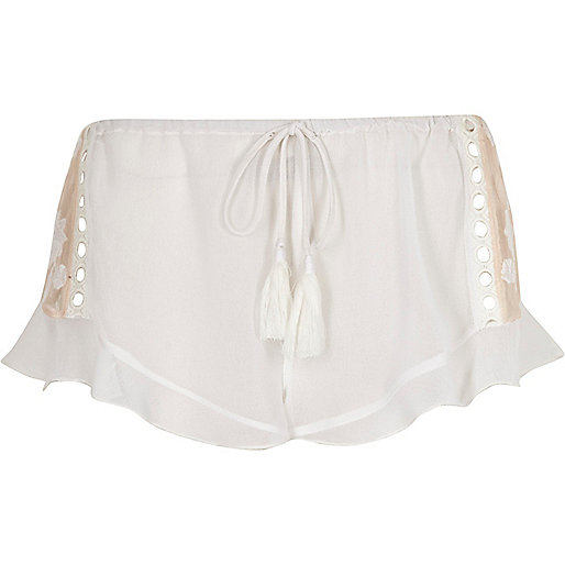 jacques-vertuk White sheer lace insert frill pajama shorts 702310 women Nightwear & Slippers Pyjamas & Loungewear