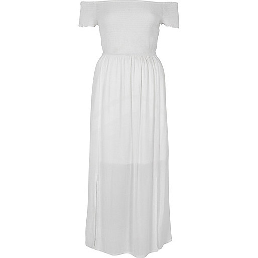 river island navy blue bag,Tiver Usland White shirred bardot maxi dress Vacation Shop Sale women