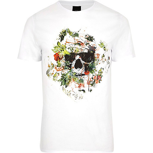 jacques-vertuk White skull floral print slim fit T-shirt 303972 men T-Shirts / Vests Print T-Shirts