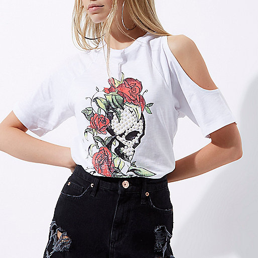 river island muscle fit t shirt,jacques-vertuk UK White skull print asymmetric shoulder T-shirt women 705806