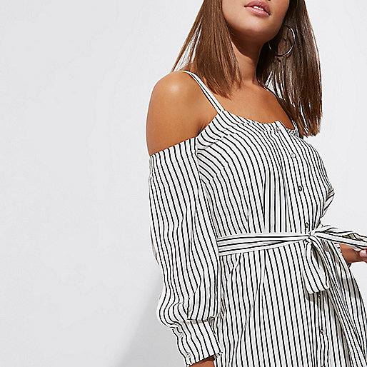 river island black pleated dress,jacques-vertuk UK Sale White stripe cold shoulder shirt dress women 708241