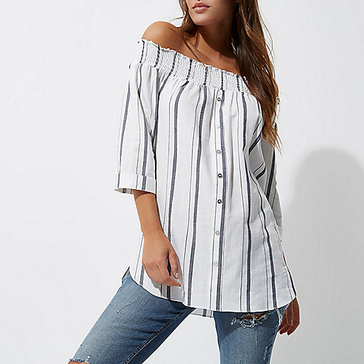 patent boots river island,jacques-vertuk Ladies White stripe print shirred bardot shirt Bardot / Cold Shoulder Tops Tops women