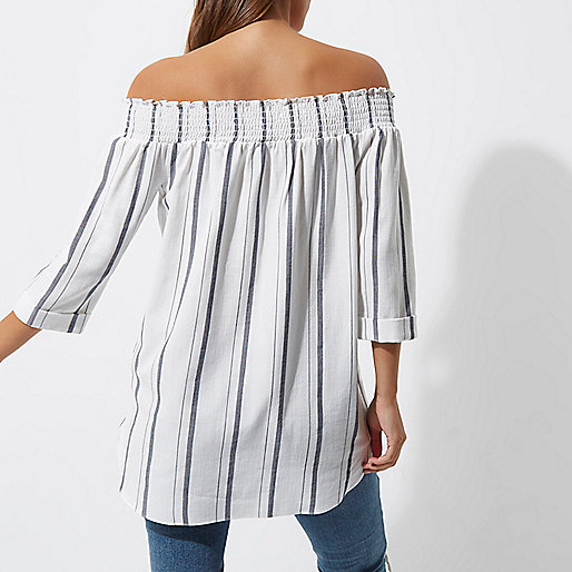 patent boots river island,jacques-vertuk Ladies White stripe print shirred bardot shirt Bardot / Cold Shoulder Tops Tops women