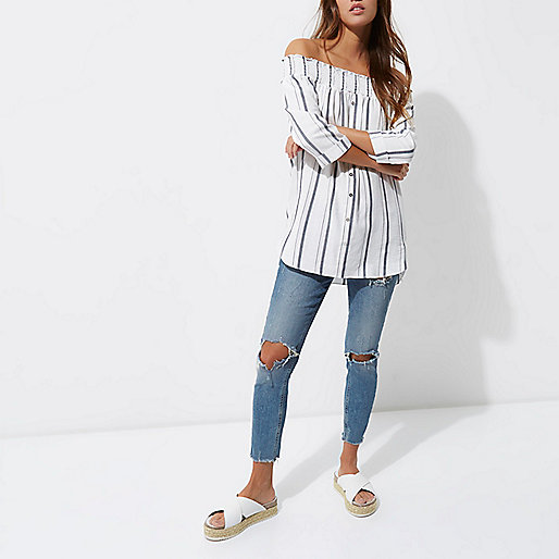 patent boots river island,jacques-vertuk Ladies White stripe print shirred bardot shirt Bardot / Cold Shoulder Tops Tops women