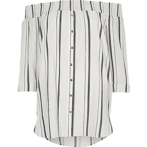 jacques-vertuk White stripe print shirred bardot shirt 706871 women Tops Bardot / Cold Shoulder Tops