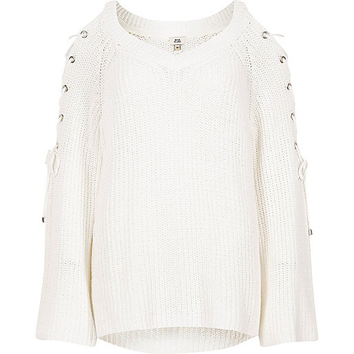 jacques-vertuk White tie shoulder flared sleeve knit sweater 704147 women Knitwear Jumpers