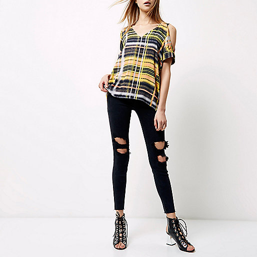 river island blue mid rise flared jeans,jacques-vertuk Ireland Yellow check print cold shoulder oversized to women 700847