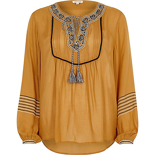 jacques-vertuk Yellow embroidered tassel long sleeve top 705354 women Tops Blouses