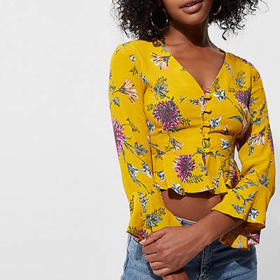 river island weekend bag sale,jacques-vertuk South Africa Yellow floral frill long sleeve crop top women 706944