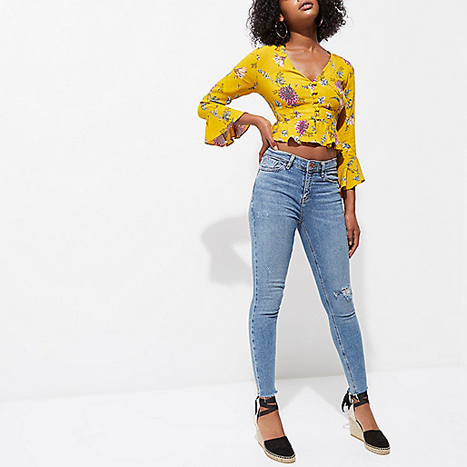 river island weekend bag sale,jacques-vertuk South Africa Yellow floral frill long sleeve crop top women 706944