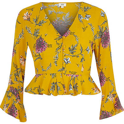 river island weekend bag sale,jacques-vertuk South Africa Yellow floral frill long sleeve crop top women 706944