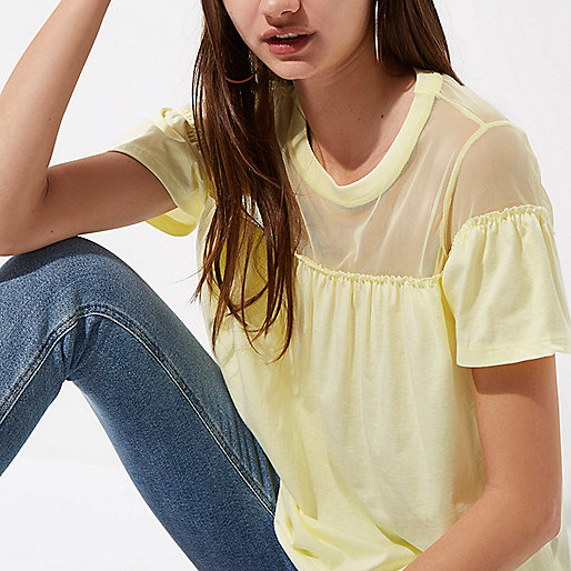 river island wide fit,jacques-vertuk Sale Yellow ruffle front mesh insert T-shirt women 708205