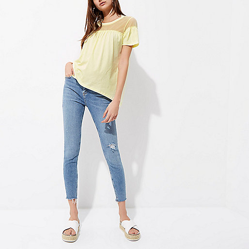 asos river island coat,jacques-vertuk New Arrivals Dresses Yellow ruffle front mesh insert T-shirt Plain T-Shirts / Tanks T-Shirts & Tanks Tops women