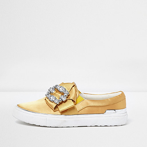 jacques-vertuk Yellow satin rhinestone embellished plimsolls 707135 women Shoes / Boots Plimsolls / Trainers